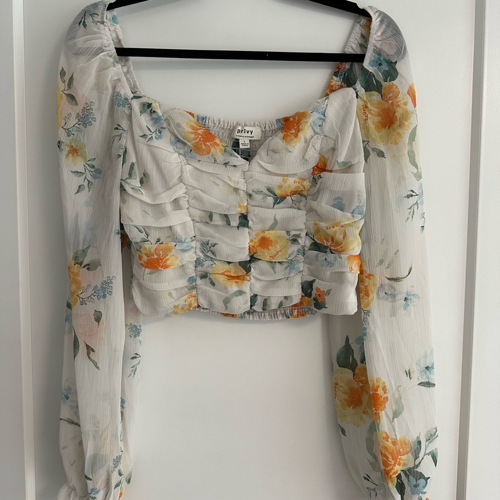 Privy Floral Puff Sleeve Blouse - White and Orange